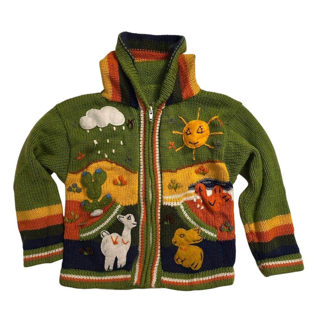 Sisandina Green Multicolor Animals Embroidered Wool Hoodie Sweater Kids‎ Size 2